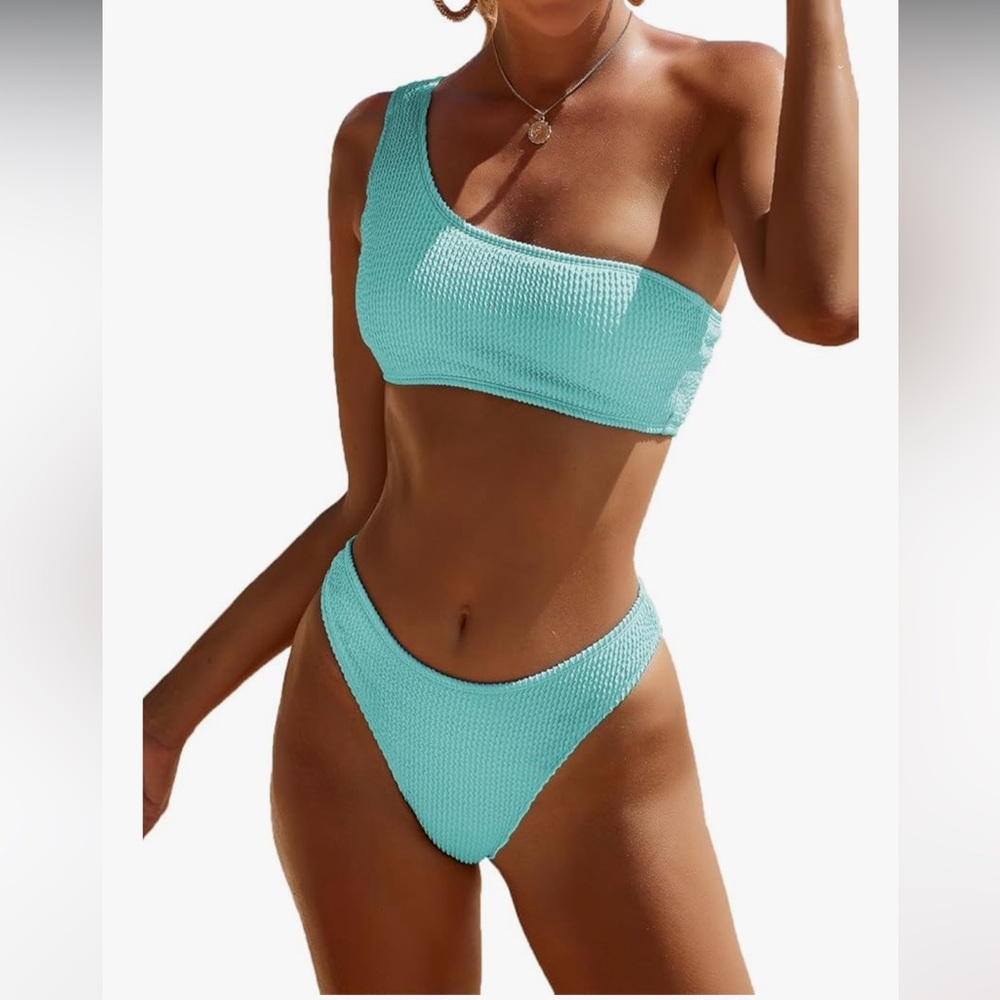 NWOT Amazon One Shoulder Mint Aqua Crinkle Textured Bikini Set
